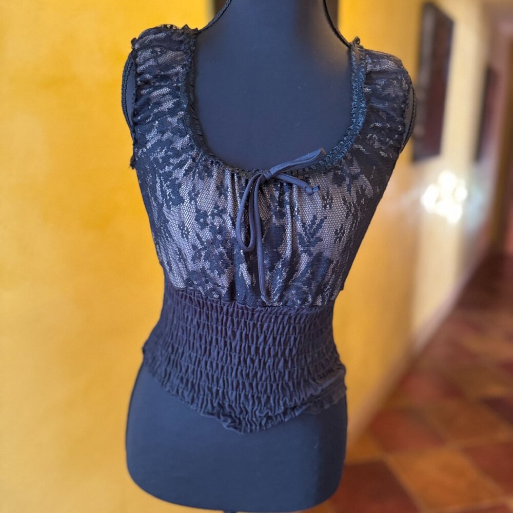 Y2K Siren Black Lace Smocked Waist Mesh Top – Size S